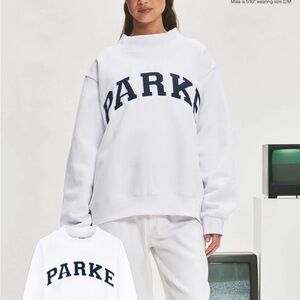 Parke White Mockneck Sweatshirt with Navy Lettering